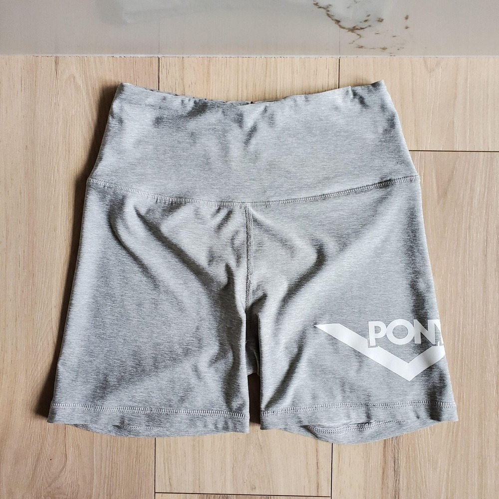 PONY Biker Shorts Womens S Gray High Waisted Logo Elastic Waist Gym Running